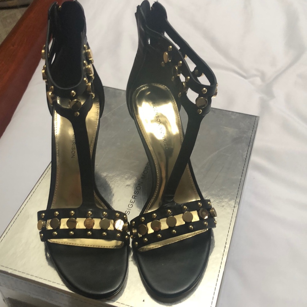 Gold and black sandal wedges